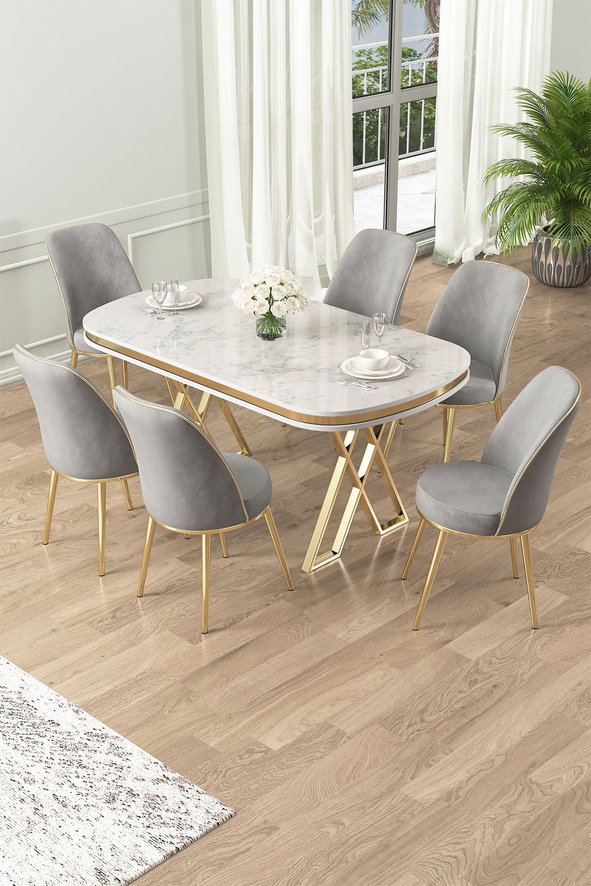 Conjunto de mesa de jantar e cadeiras (7 peças)-Lai-Branco
Dourado
Cinza
