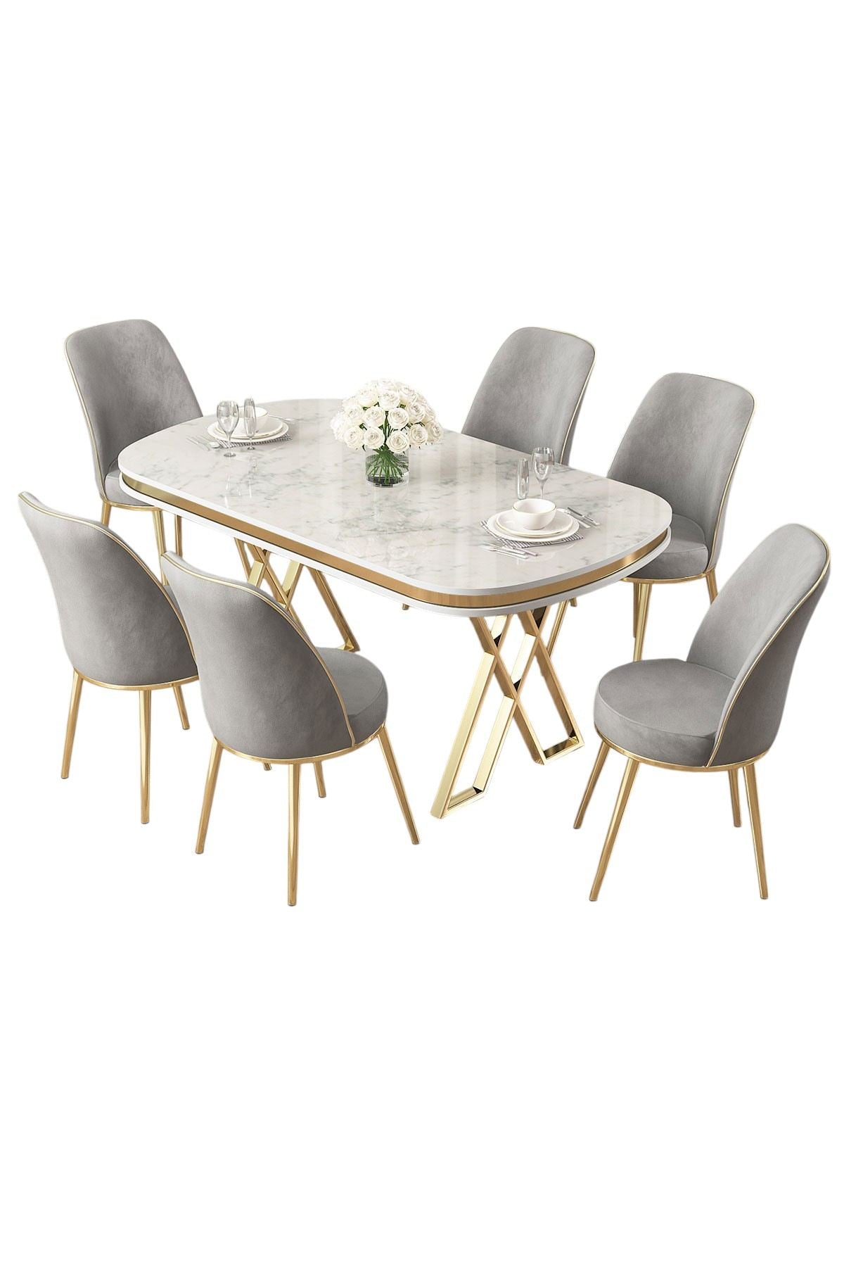 Conjunto de mesa de jantar e cadeiras (7 peças)-Lai-Branco
Dourado
Cinza