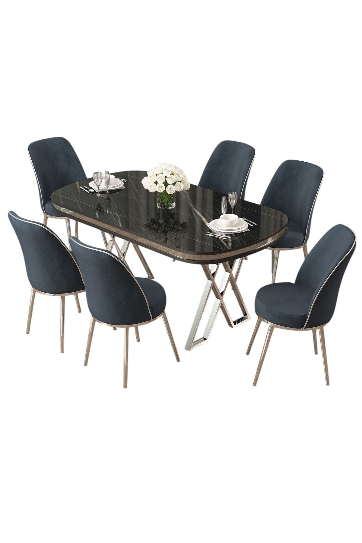 Conjunto de mesa de jantar e cadeiras (7 peças)-Lai-Mármore Preto
Cromo
Antracite
