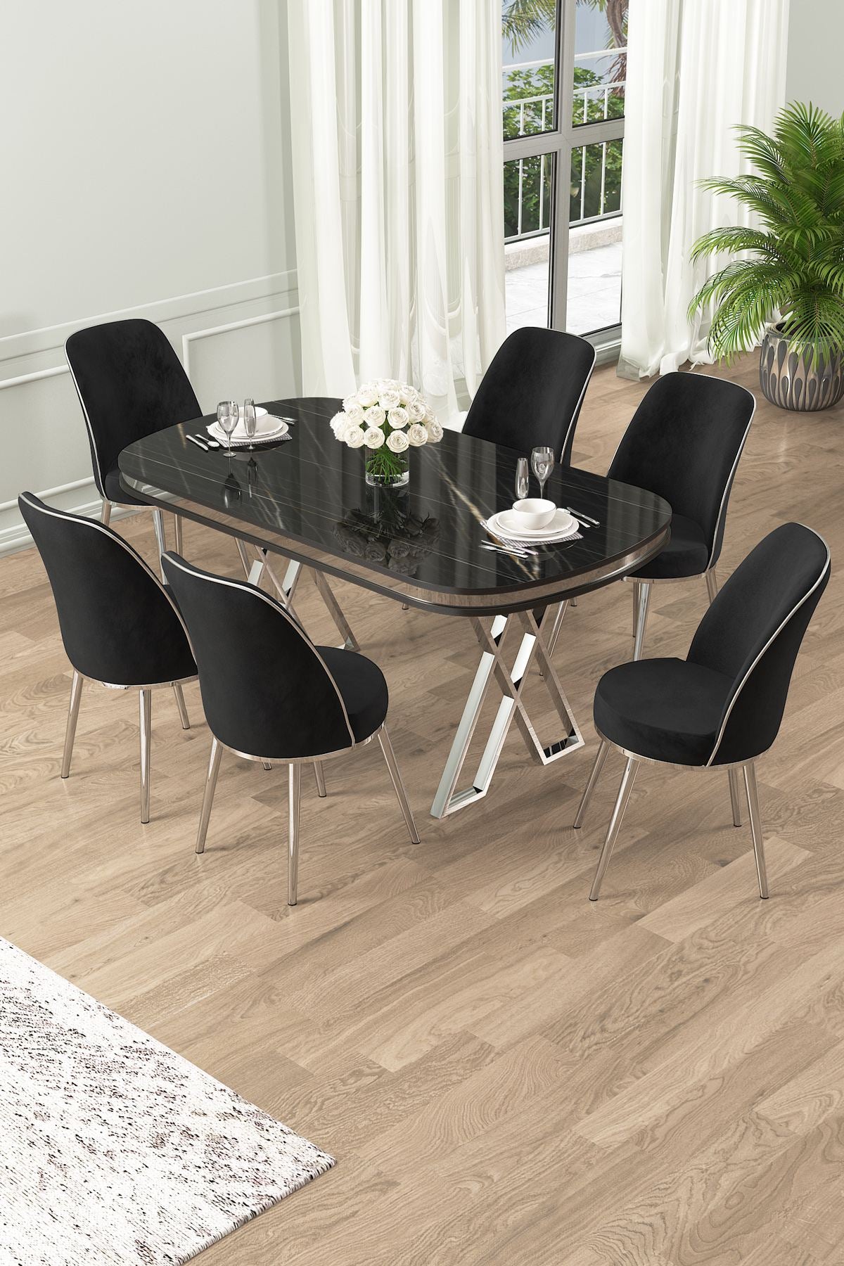 Conjunto de mesa de jantar e cadeiras (7 peças)-Lai-Mármore Preto
Cromado
Preto
