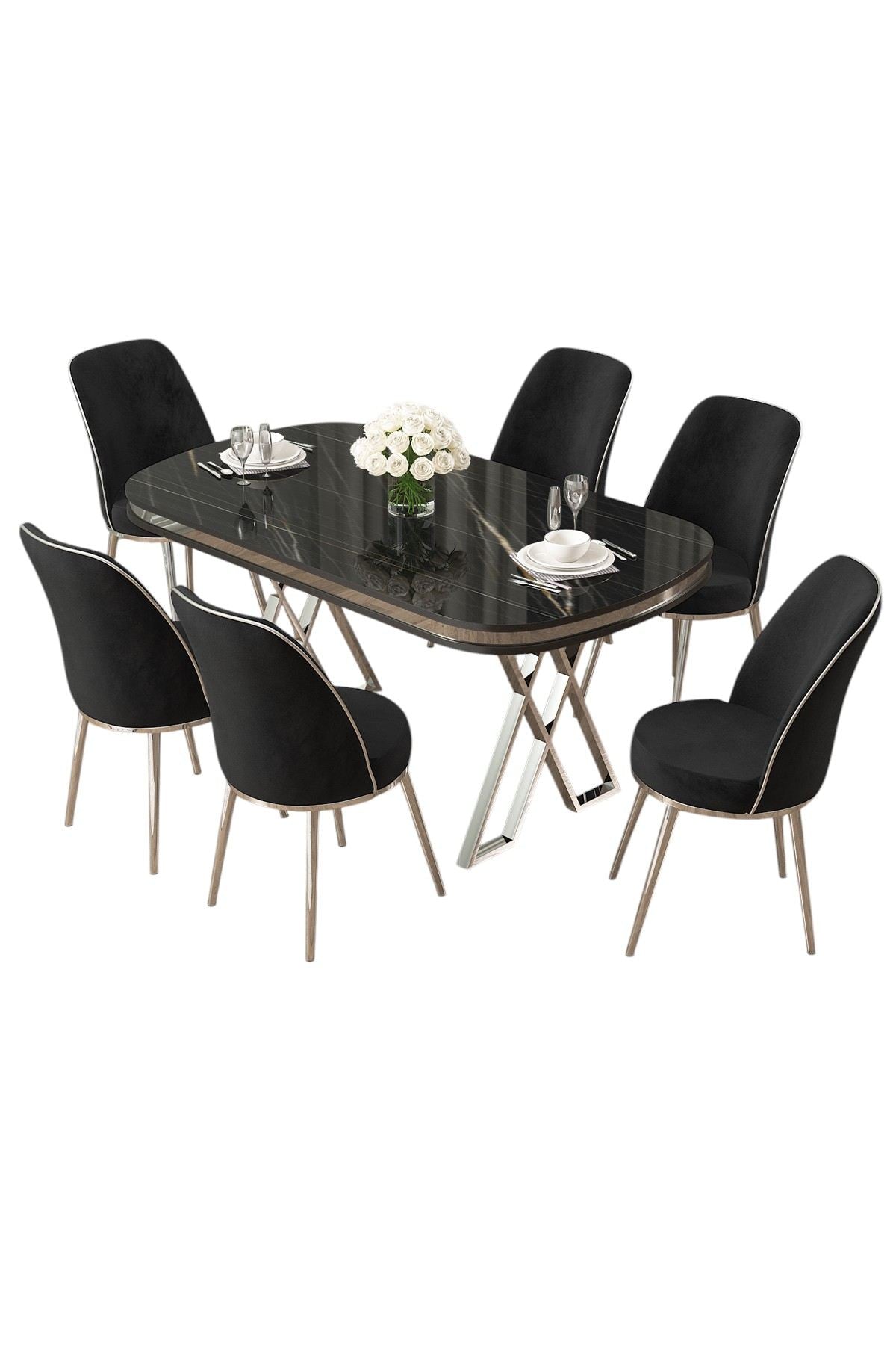 Conjunto de mesa de jantar e cadeiras (7 peças)-Lai-Mármore Preto
Cromado
Preto