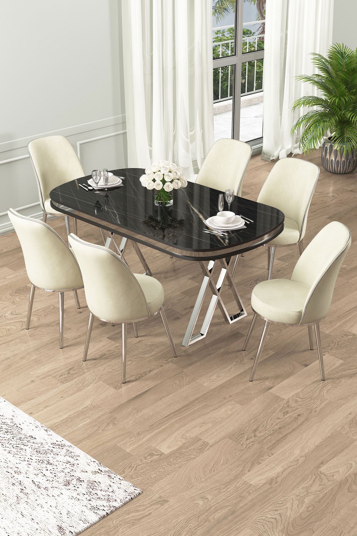 Conjunto de mesa de jantar e cadeiras (7 peças)-Lai-Mármore Preto
Cromado
Creme
