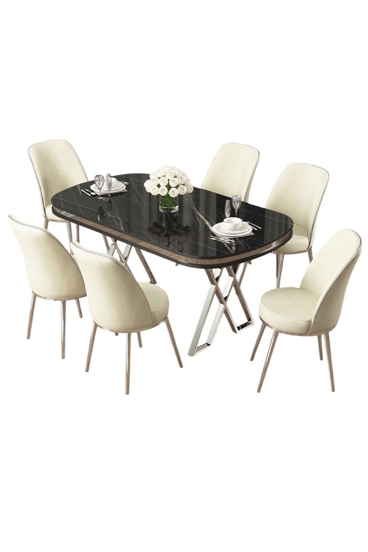 Conjunto de mesa de jantar e cadeiras (7 peças)-Lai-Mármore Preto
Cromado
Creme