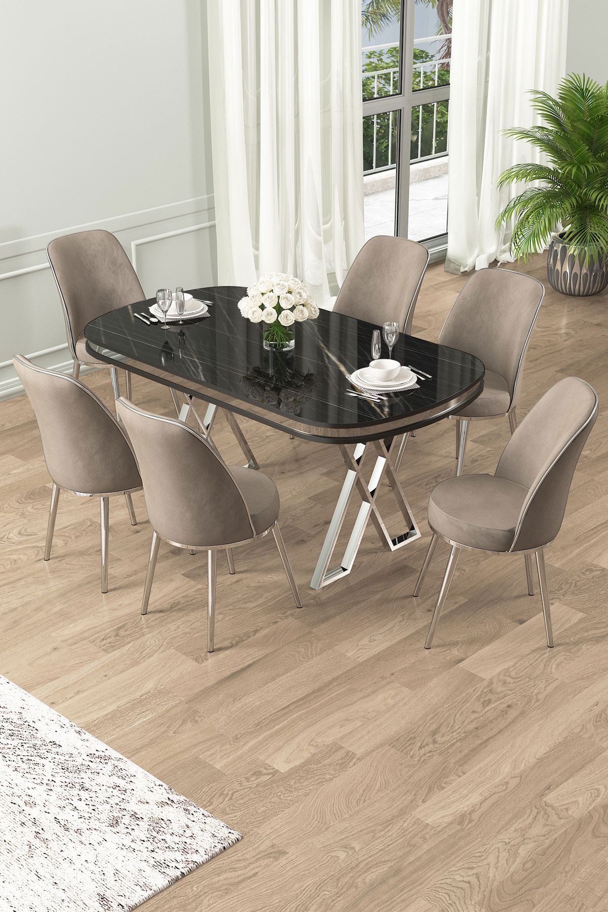 Conjunto de mesa de jantar e cadeiras (7 peças)-Lai-Mármore Preto
Cromado
Cappuccino