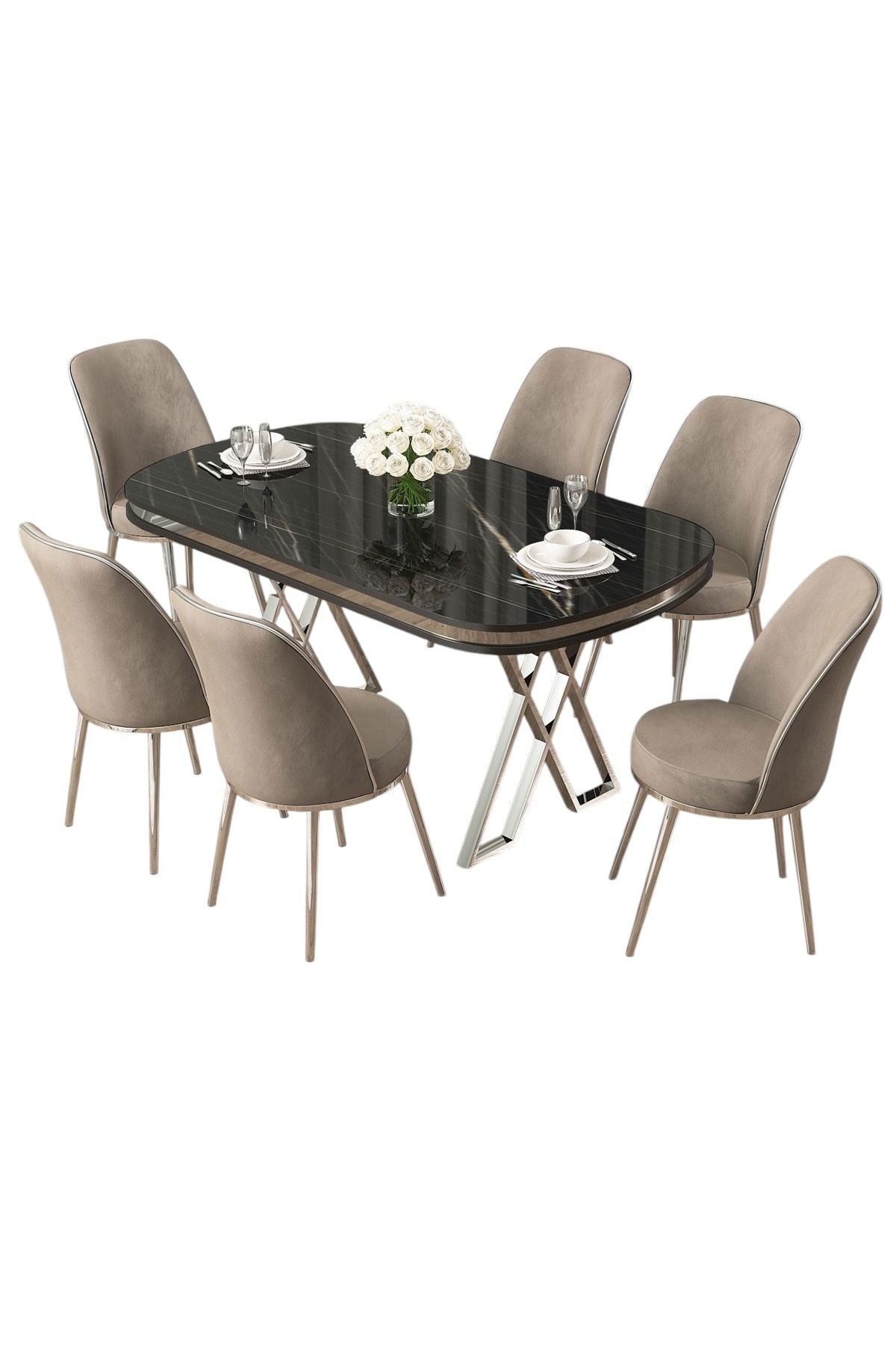Conjunto de mesa de jantar e cadeiras (7 peças)-Lai-Mármore Preto
Cromado
Cappuccino
