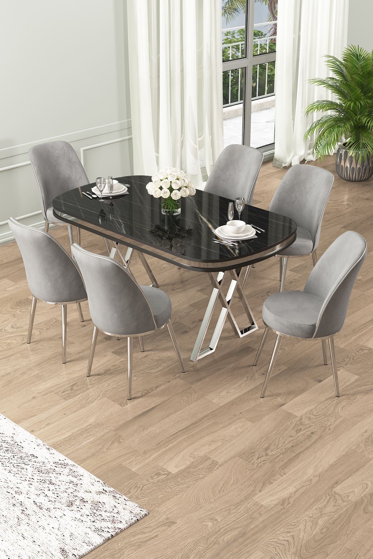 Conjunto de mesa de jantar e cadeiras (7 peças)-Lai-Mármore Preto
Cromado
Cinza