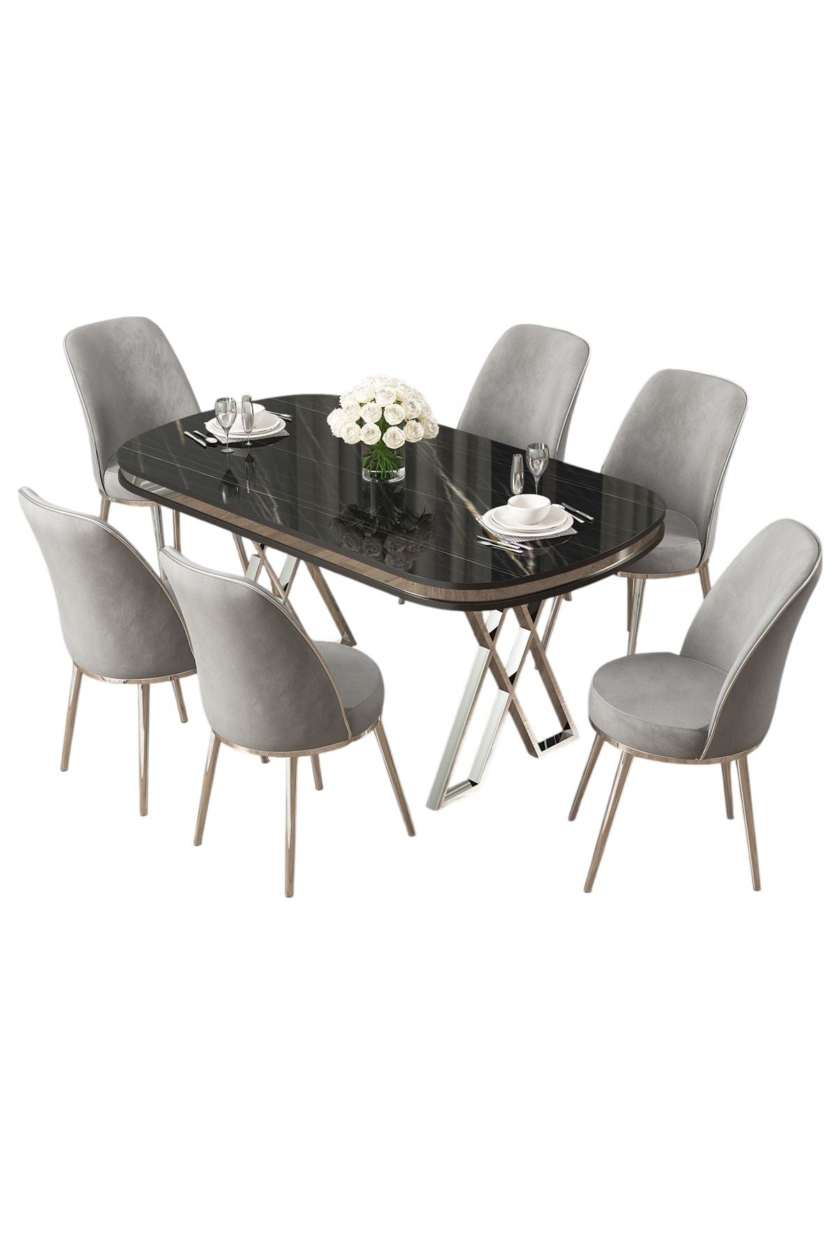 Conjunto de mesa de jantar e cadeiras (7 peças)-Lai-Mármore Preto
Cromado
Cinza