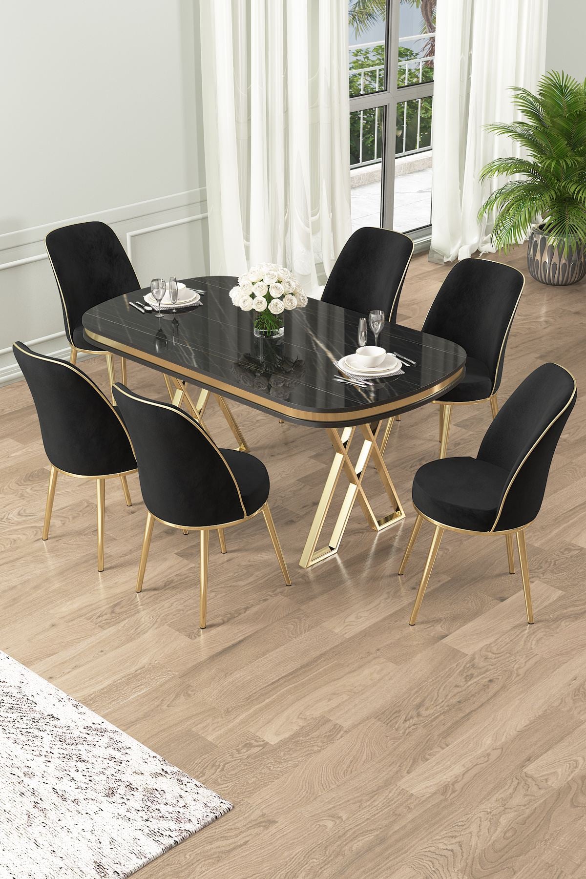 Conjunto de mesa de jantar e cadeiras (7 peças)-Lai-Mármore Preto
Dourado
Preto