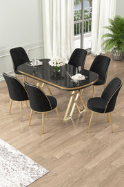 Conjunto de mesa de jantar e cadeiras (7 peças)-Lai-Mármore Preto
Dourado
Preto
