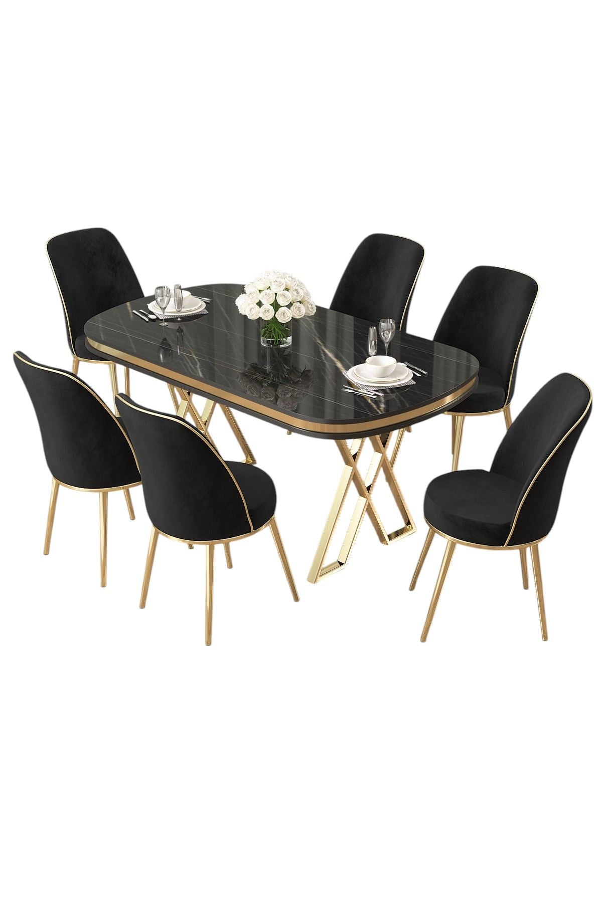 Conjunto de mesa de jantar e cadeiras (7 peças)-Lai-Mármore Preto
Dourado
Preto