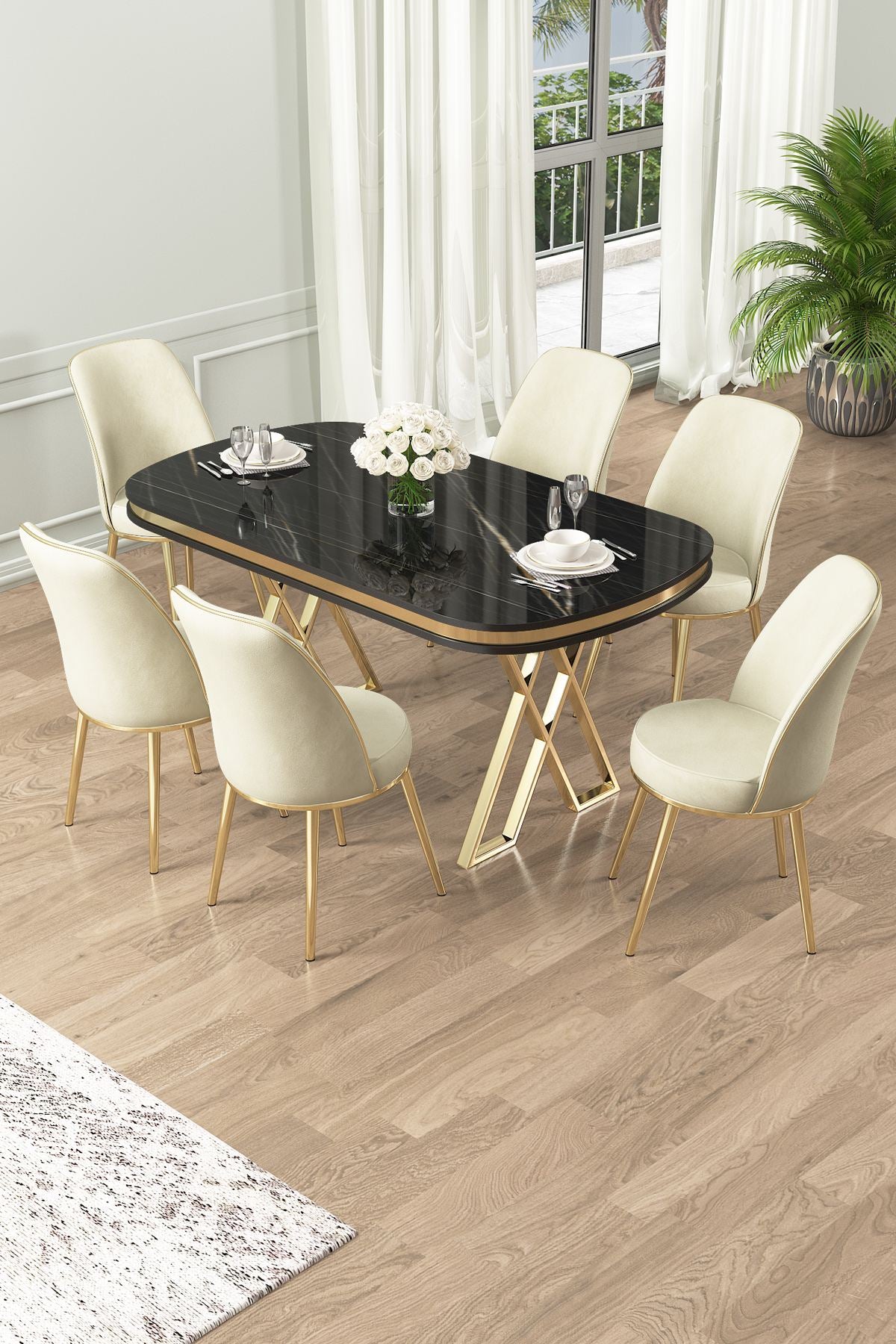 Conjunto de mesa de jantar e cadeiras (7 peças)-Lai-Mármore Preto
Dourado
Creme