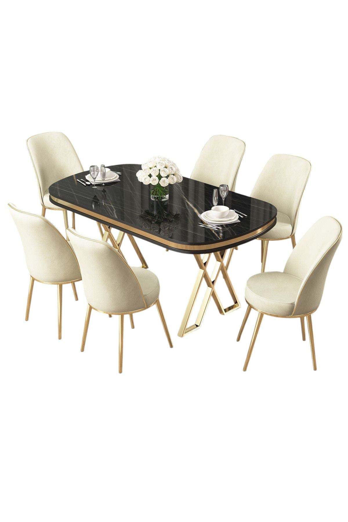 Conjunto de mesa de jantar e cadeiras (7 peças)-Lai-Mármore Preto
Dourado
Creme