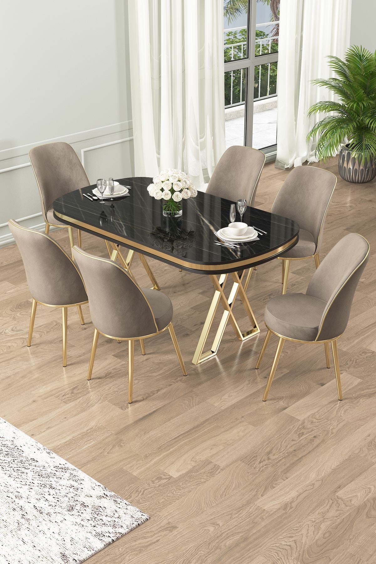 Conjunto de mesa de jantar e cadeiras (7 peças)-Lai-Mármore Preto
Dourado
Cappuccino