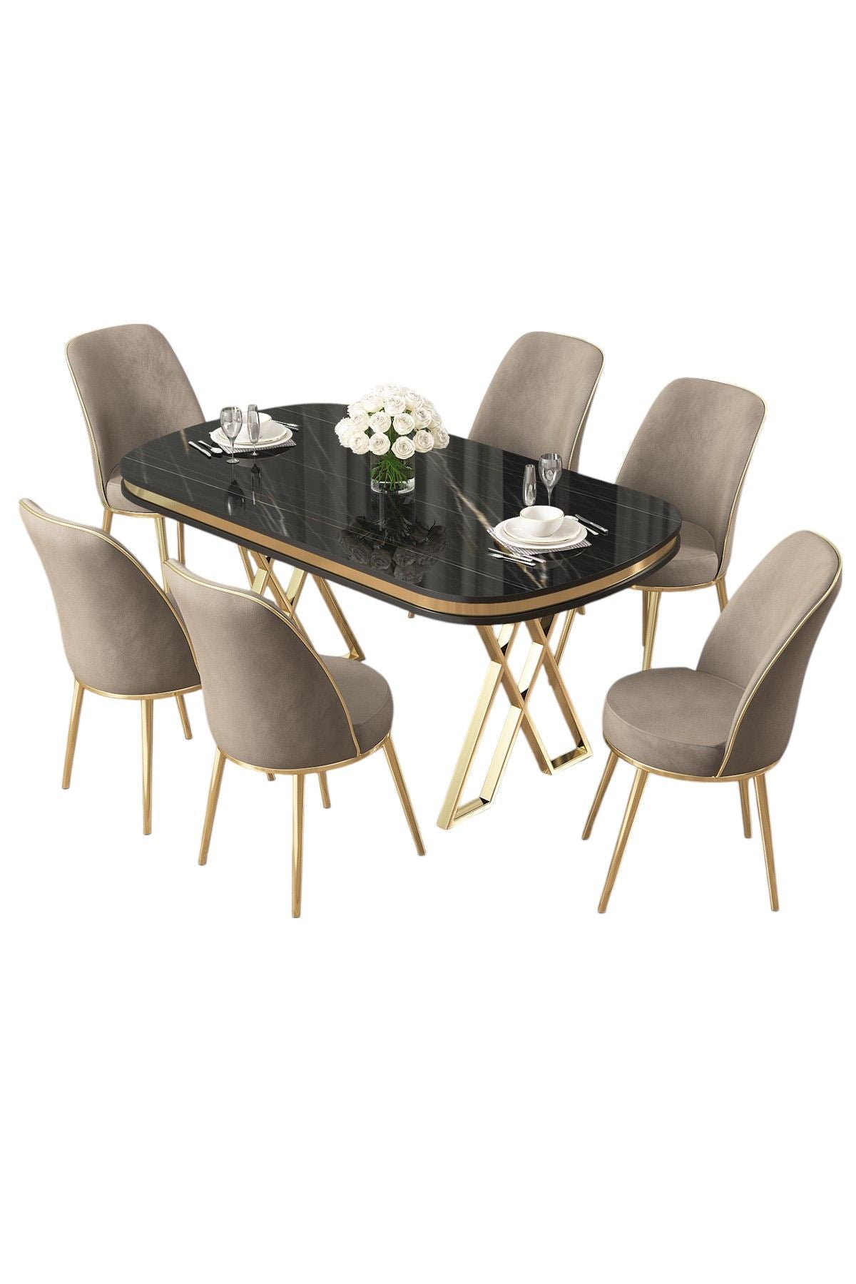 Conjunto de mesa de jantar e cadeiras (7 peças)-Lai-Mármore Preto
Dourado
Cappuccino