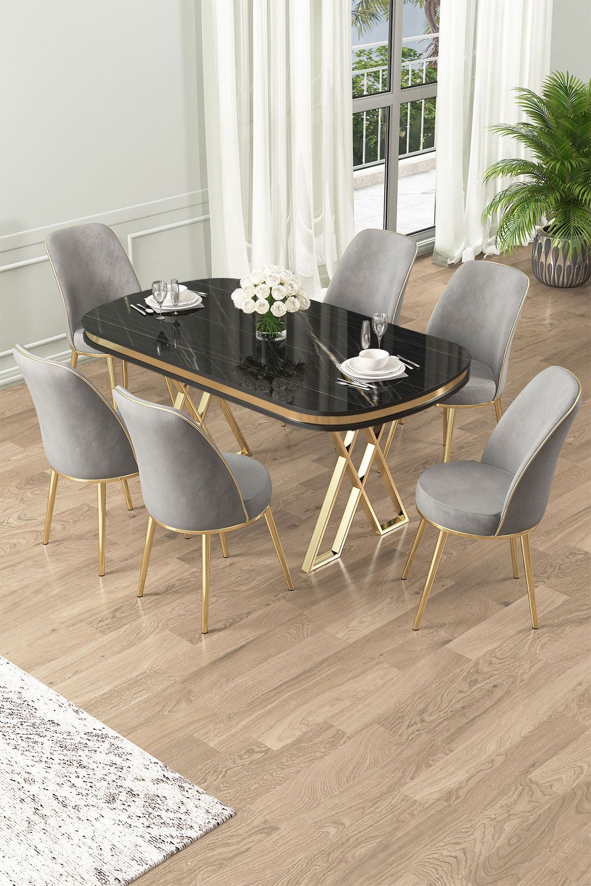 Conjunto de mesa de jantar e cadeiras (7 peças)-Lai-Mármore Preto
Dourado
Cinza