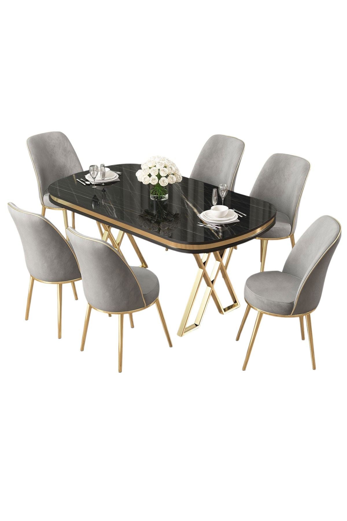 Conjunto de mesa de jantar e cadeiras (7 peças)-Lai-Mármore Preto
Dourado
Cinza