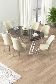 Conjunto de mesa de jantar e cadeiras – 168cm x 76cm x 90cm – Antracite, Cromo, Creme – Metal, Laqueado