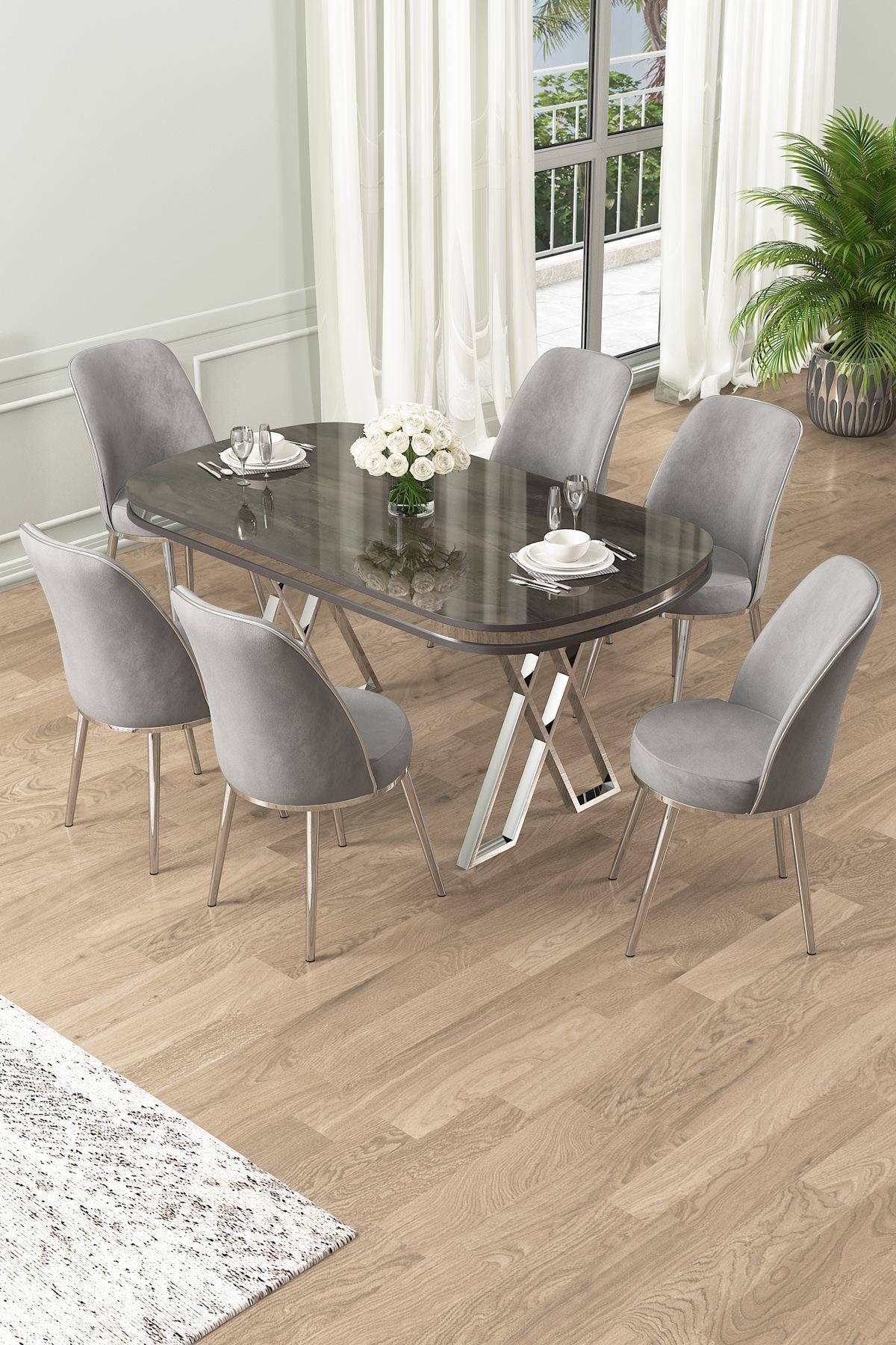 Conjunto de mesa de jantar e cadeiras (7 peças)-Lai-Antracite
Cromo
Cinza
