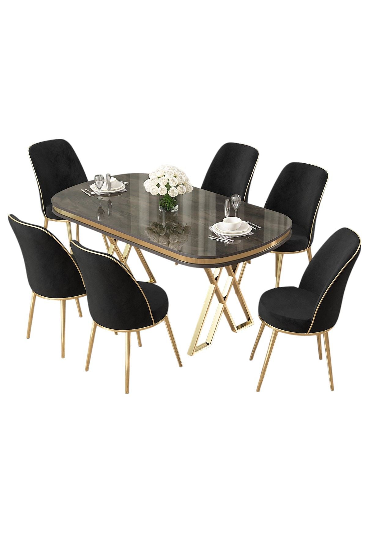 Conjunto de mesa de jantar e cadeiras (7 peças)-Lai-Antracite
Dourado
Preto