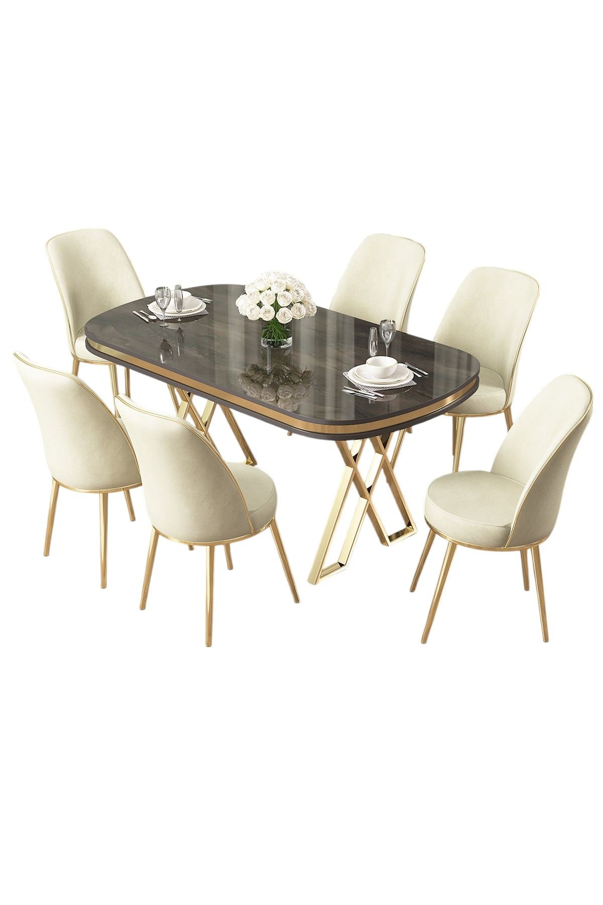 Conjunto de mesa de jantar e cadeiras (7 peças)-Lai-Antracite
Ouro
Creme