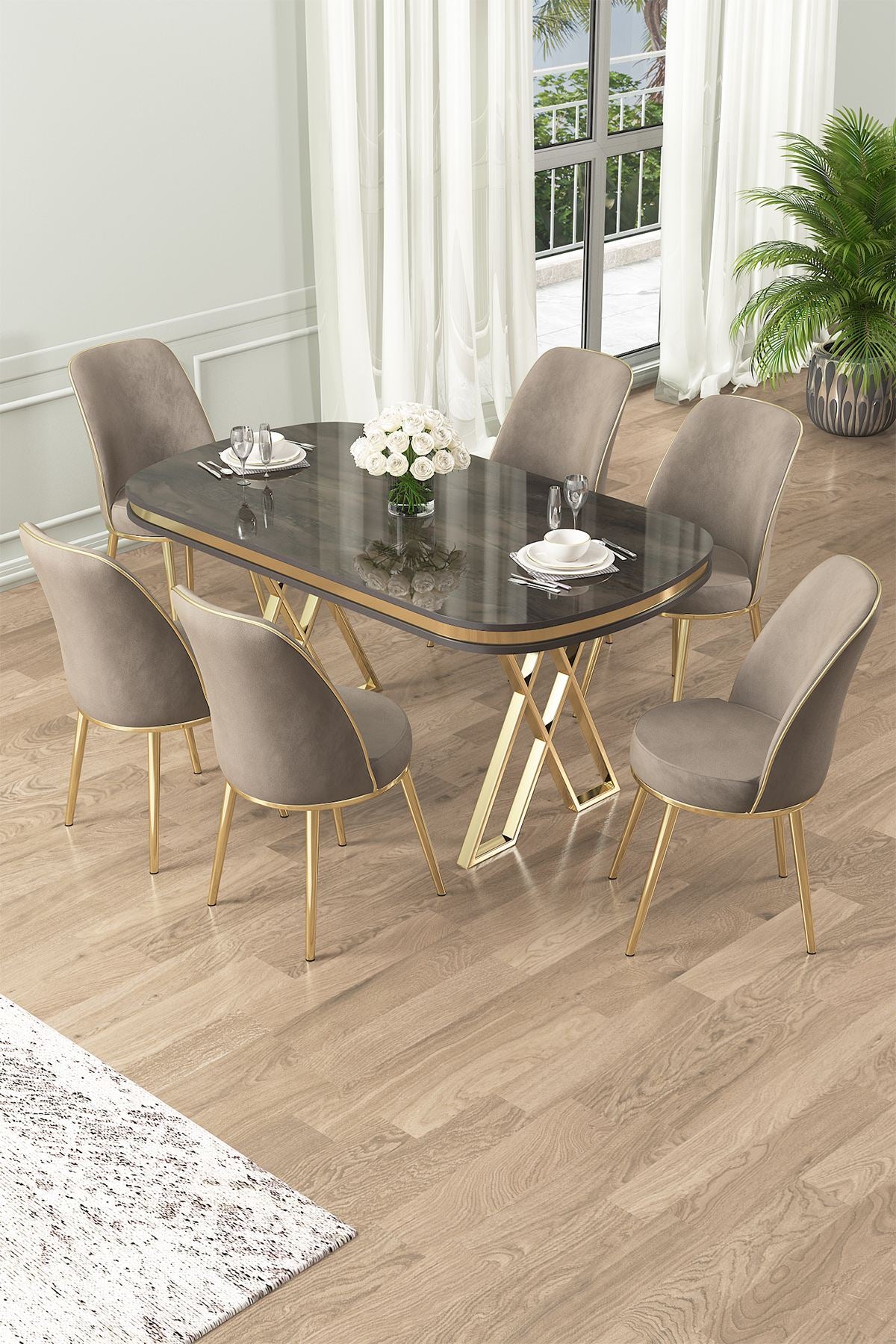 Conjunto de mesa de jantar e cadeiras (7 peças)-Lai-Antracite
Dourado
Cappuccino