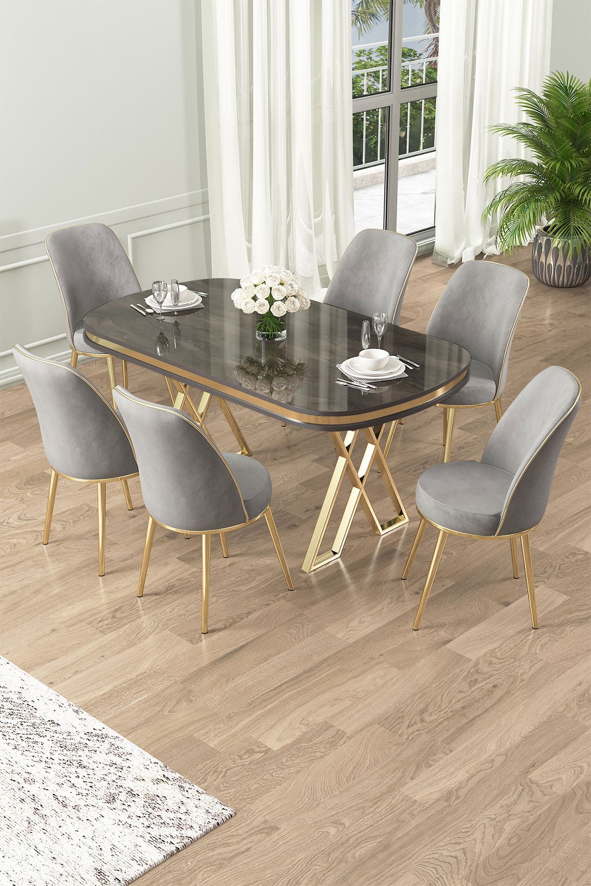 Conjunto de mesa de jantar e cadeiras (7 peças)-Lai-Antracite
Dourado
Cinza