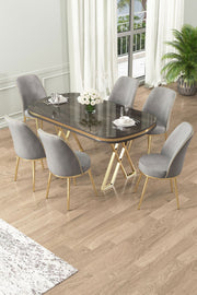 Conjunto de mesa de jantar e cadeiras – 168cm x 90cm x 76cm – Antracite, Dourado, Cinza – Metal e Laqueado