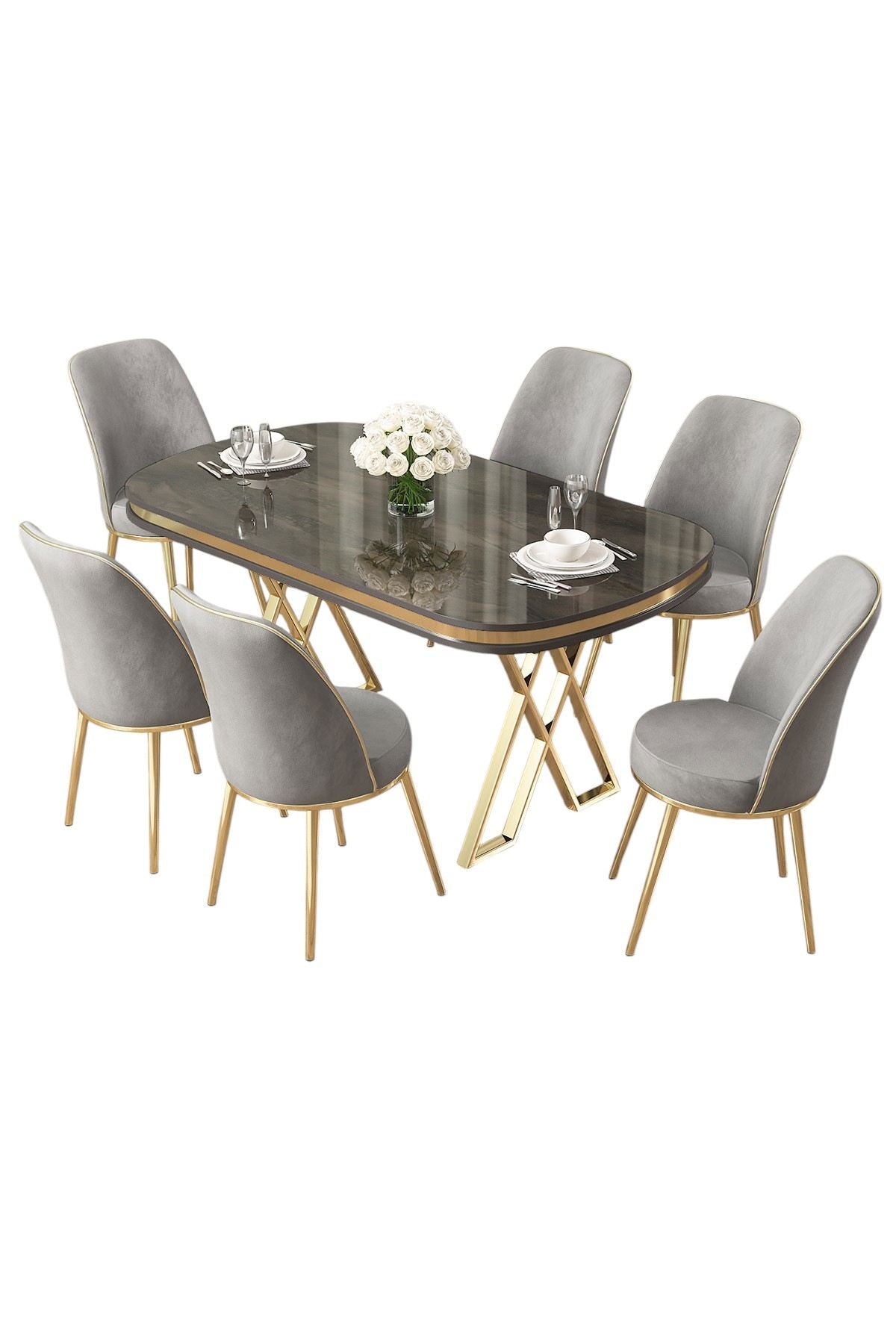 Conjunto de mesa de jantar e cadeiras (7 peças)-Lai-Antracite
Dourado
Cinza
