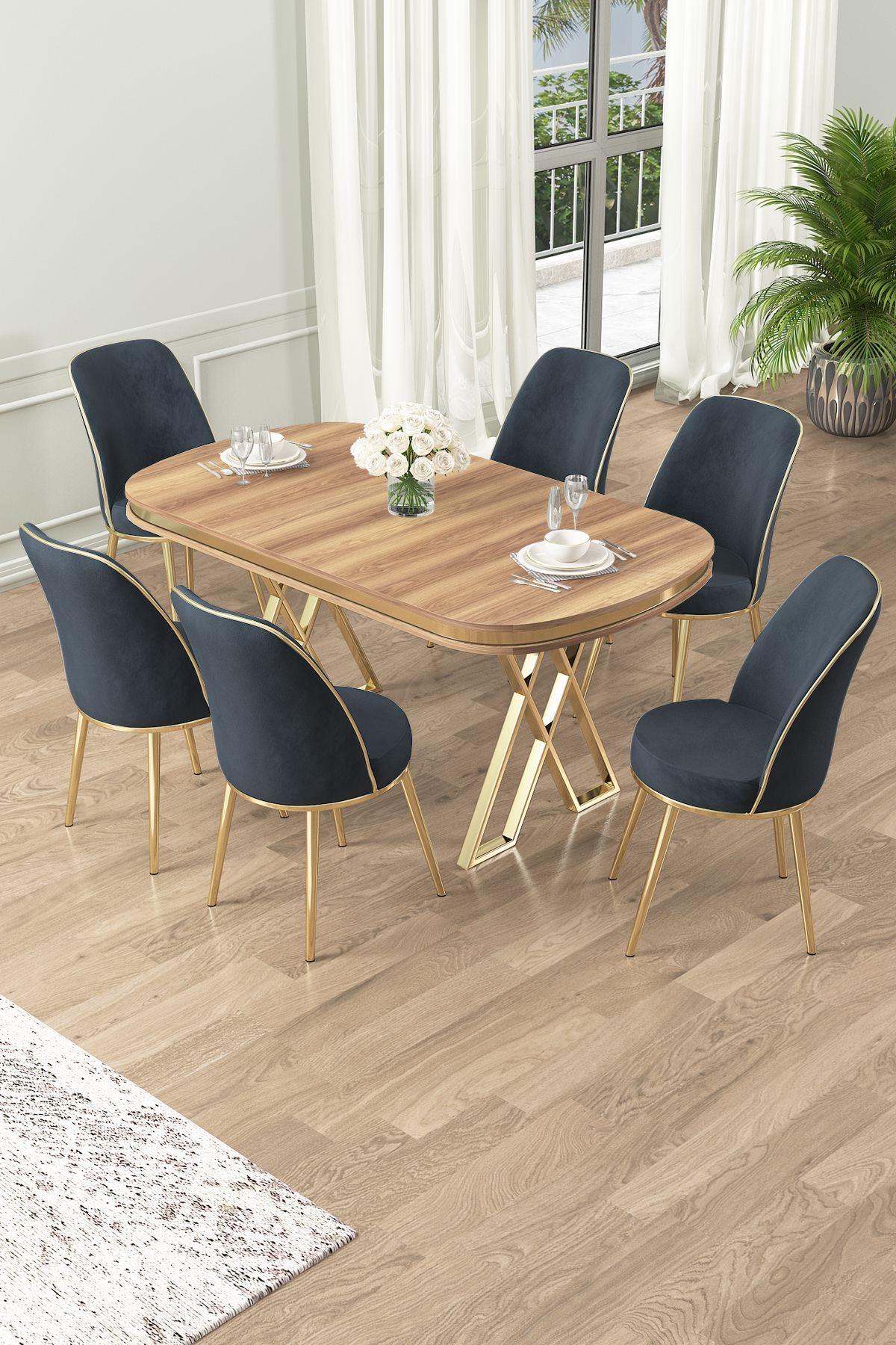 Conjunto de mesa de jantar e cadeiras (7 peças)-Lai-Nogueira Clara
Dourado
Antracite