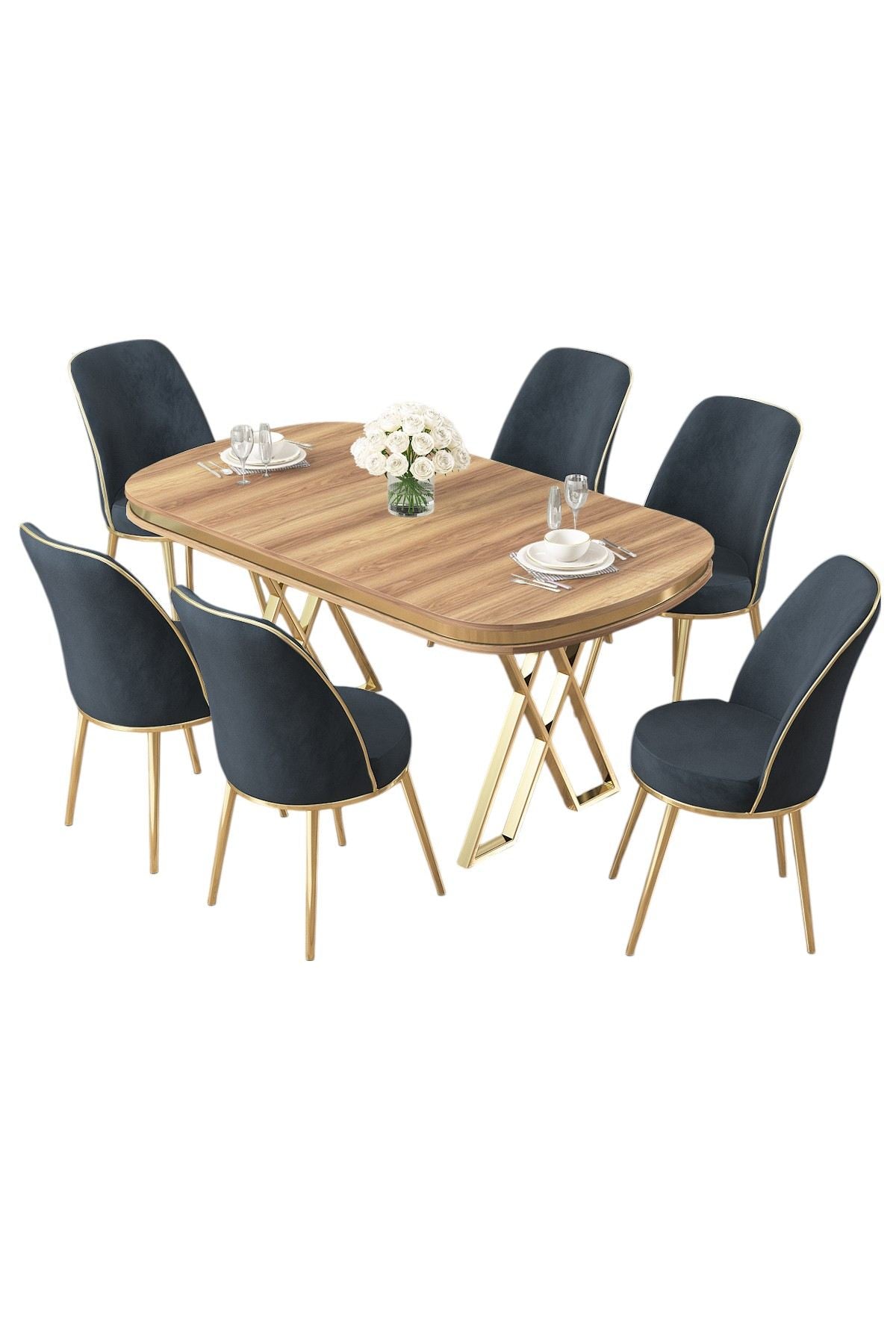Conjunto de mesa de jantar e cadeiras (7 peças)-Lai-Nogueira Clara
Dourado
Antracite