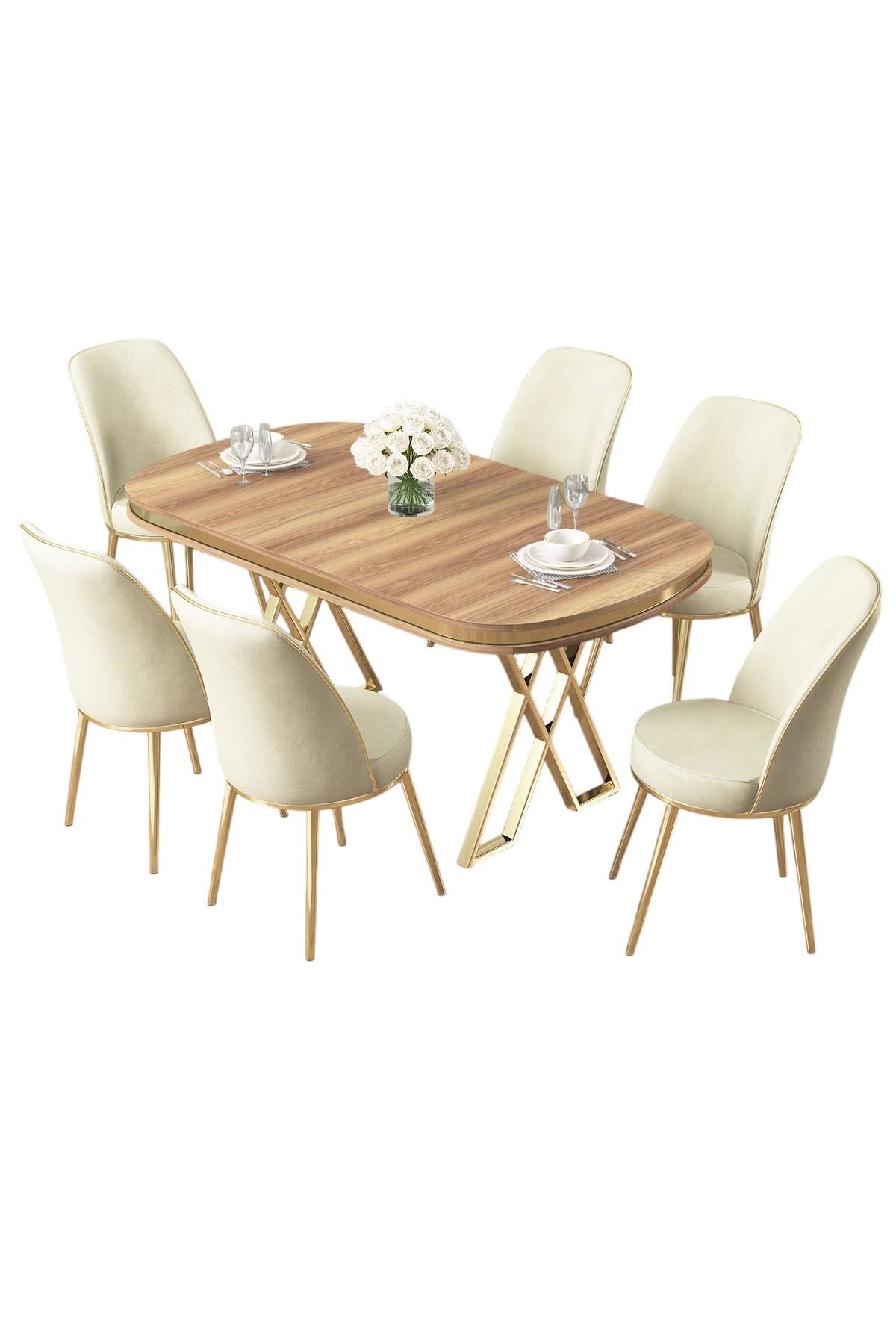 Conjunto de mesa de jantar e cadeiras (7 peças)-Lai-Nogueira Clara
Dourada
Creme
