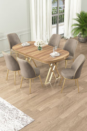 Conjunto de mesa de jantar e cadeiras – 168 cm x 76 cm x 90 cm – Noz Claro, Ouro, Cappuccino – painel laqueado e metal