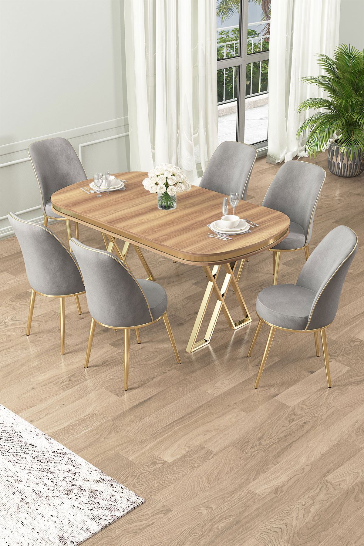 Conjunto de mesa de jantar e cadeiras (7 peças)-Lai-Nogueira Clara
Dourada
Cinza