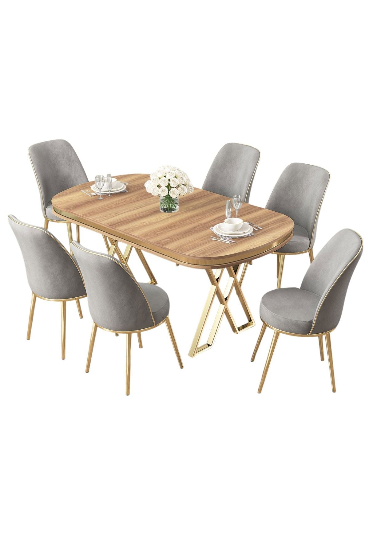 Conjunto de mesa de jantar e cadeiras (7 peças)-Lai-Nogueira Clara
Dourada
Cinza