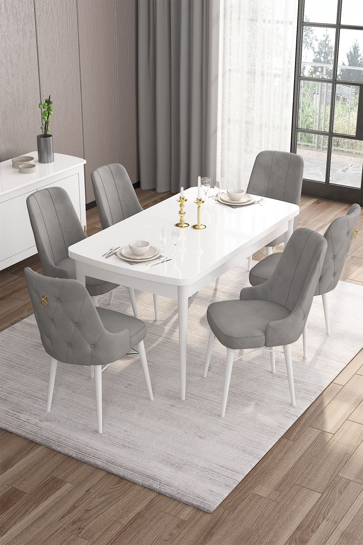 Conjunto de mesa de jantar extensível e cadeiras (7 peças)-Are-Branco
Cinza