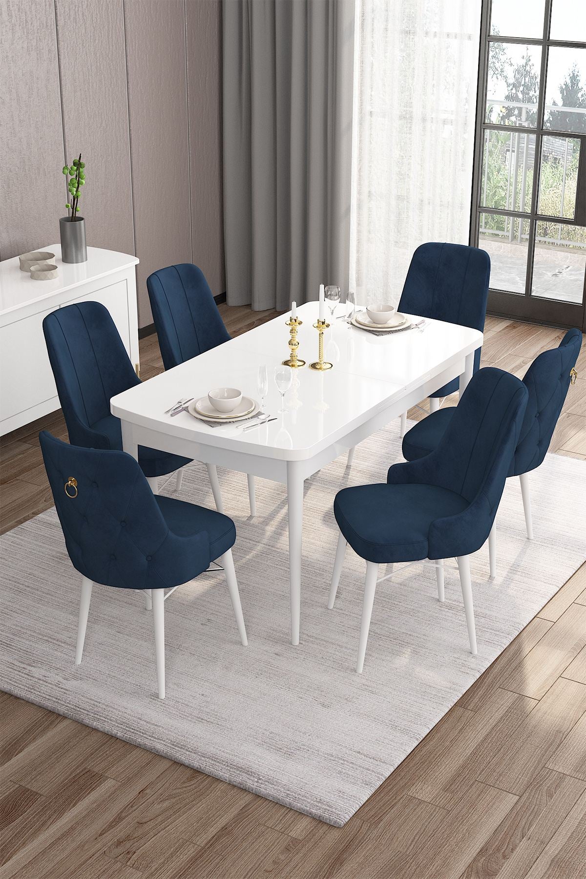 Conjunto de mesa de jantar extensível e cadeiras (7 peças)-Are-Branco
Azul-marinho