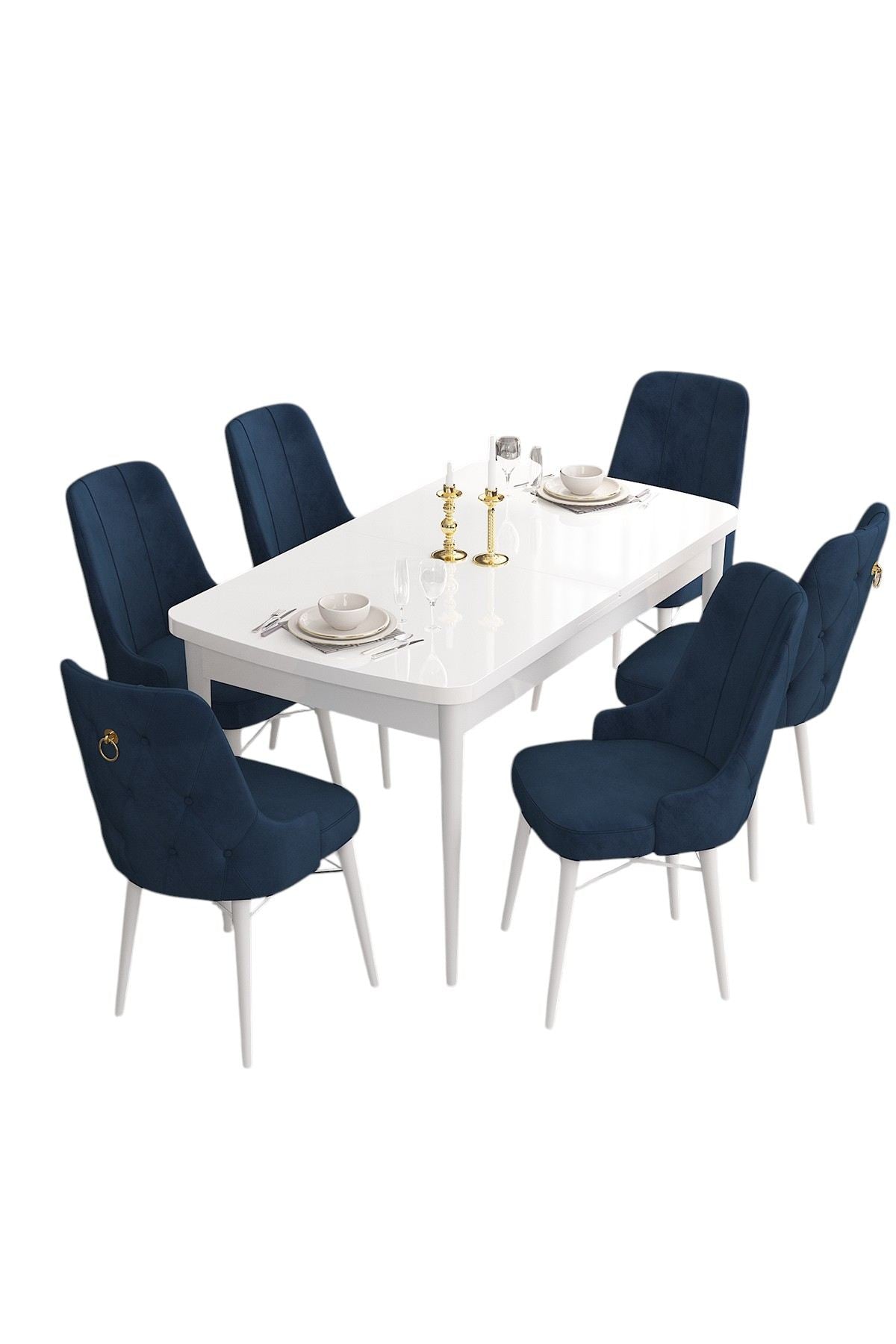 Conjunto de mesa de jantar extensível e cadeiras (7 peças)-Are-Branco
Azul-marinho