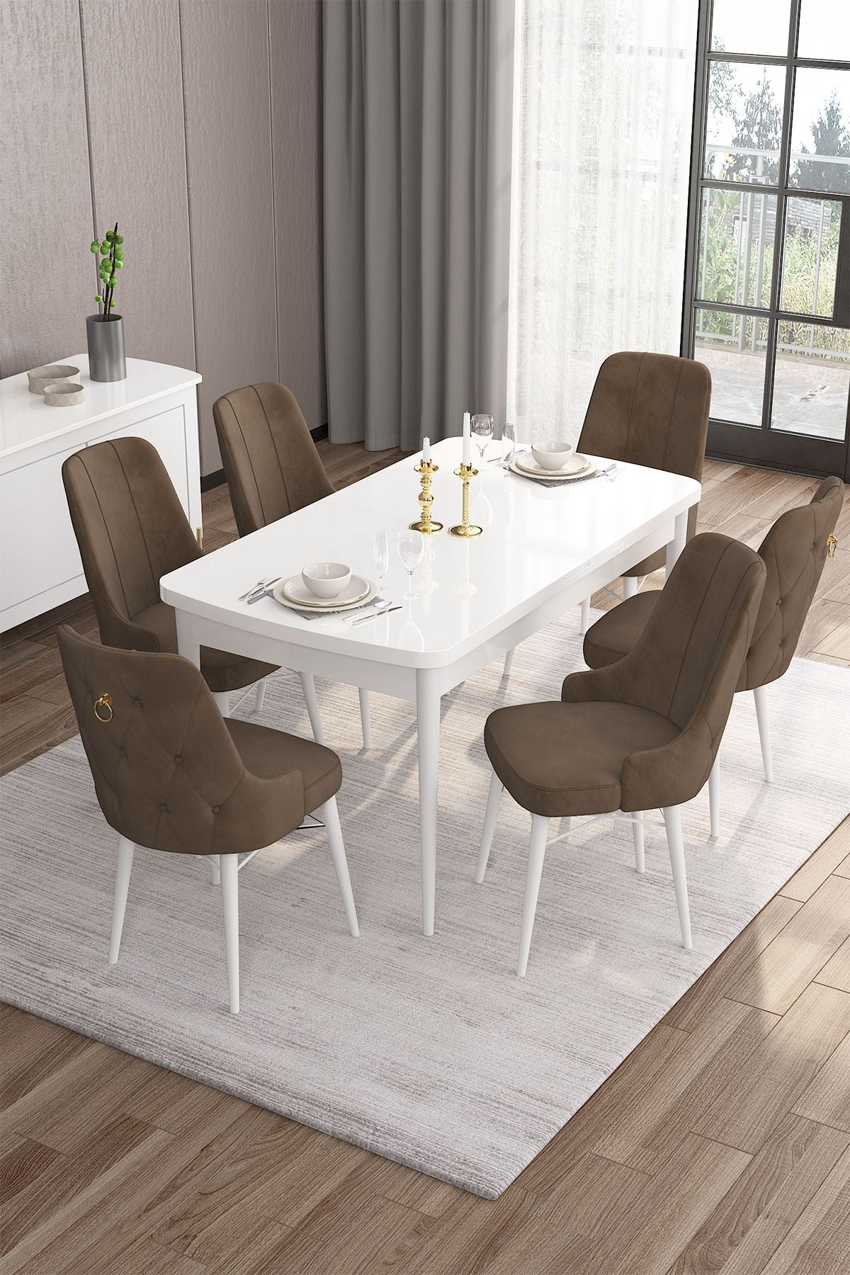 Conjunto de mesa de jantar extensível e cadeiras (7 peças)-Are-Branco
Marrom