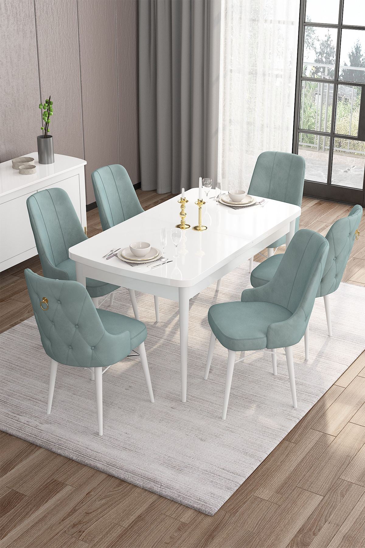 Conjunto de mesa de jantar extensível e cadeiras (7 peças)-Are-Branco
Verde-mar