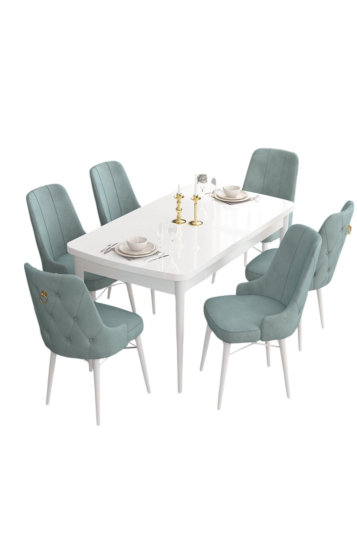 Conjunto de mesa de jantar extensível e cadeiras (7 peças)-Are-Branco
Verde-mar