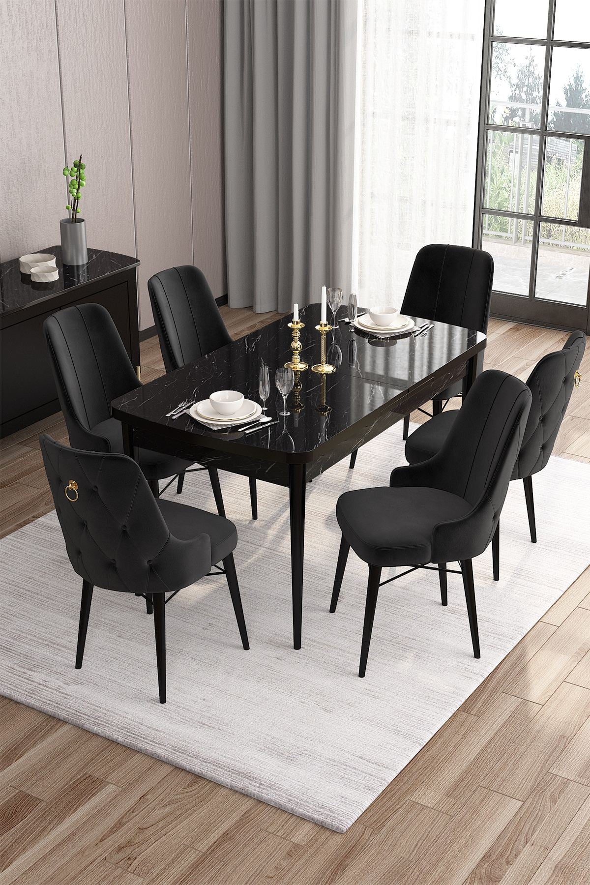 Conjunto de mesa de jantar extensível e cadeiras (7 peças)-Are-Mármore Preto
Preto