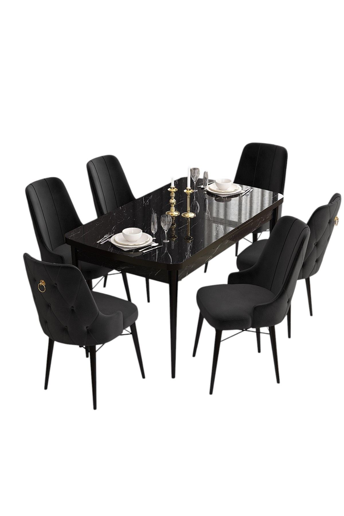 Conjunto de mesa de jantar extensível e cadeiras (7 peças)-Are-Mármore Preto
Preto