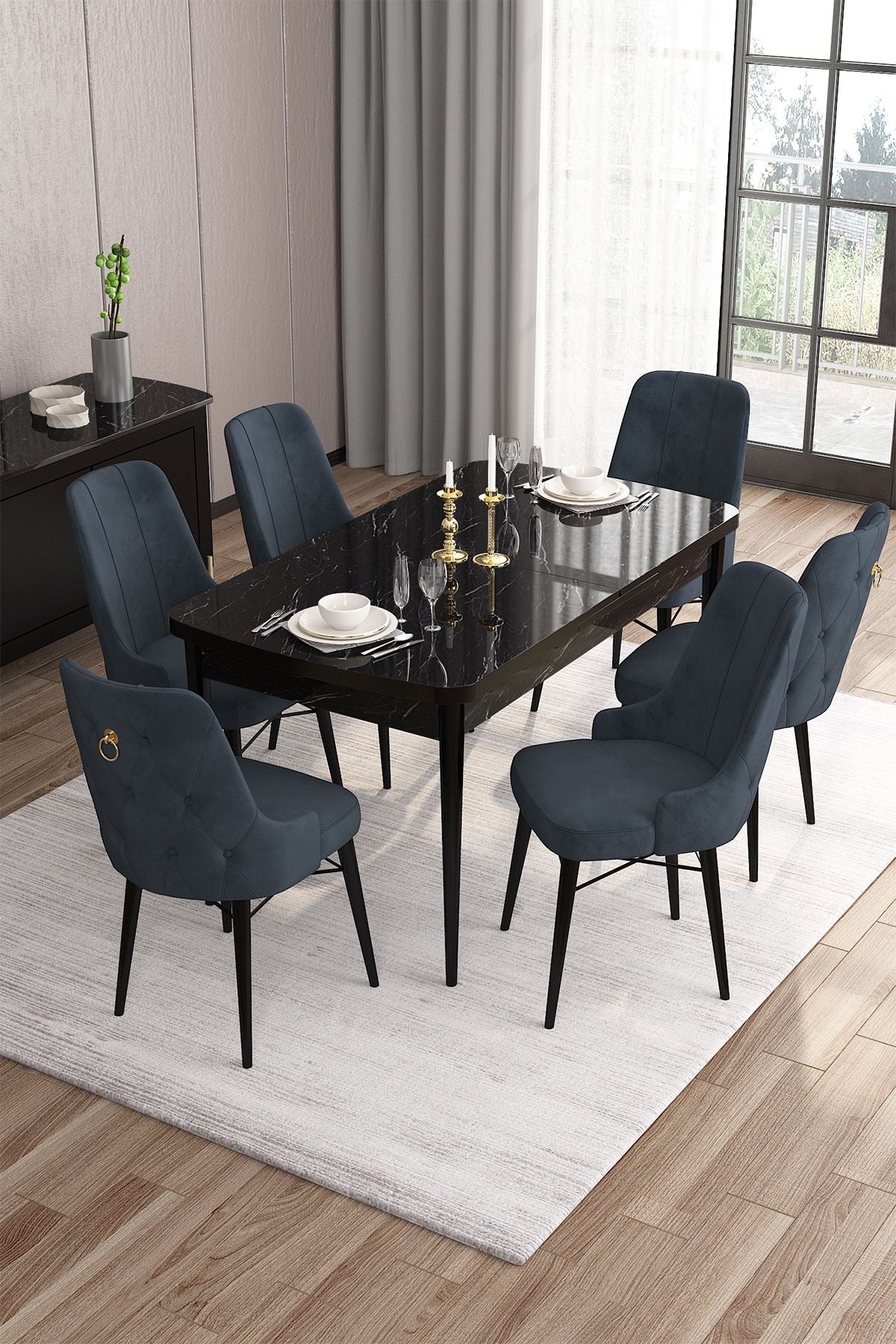 Conjunto de mesa de jantar extensível e cadeiras (7 peças)-Are-Mármore Preto
Antracite
