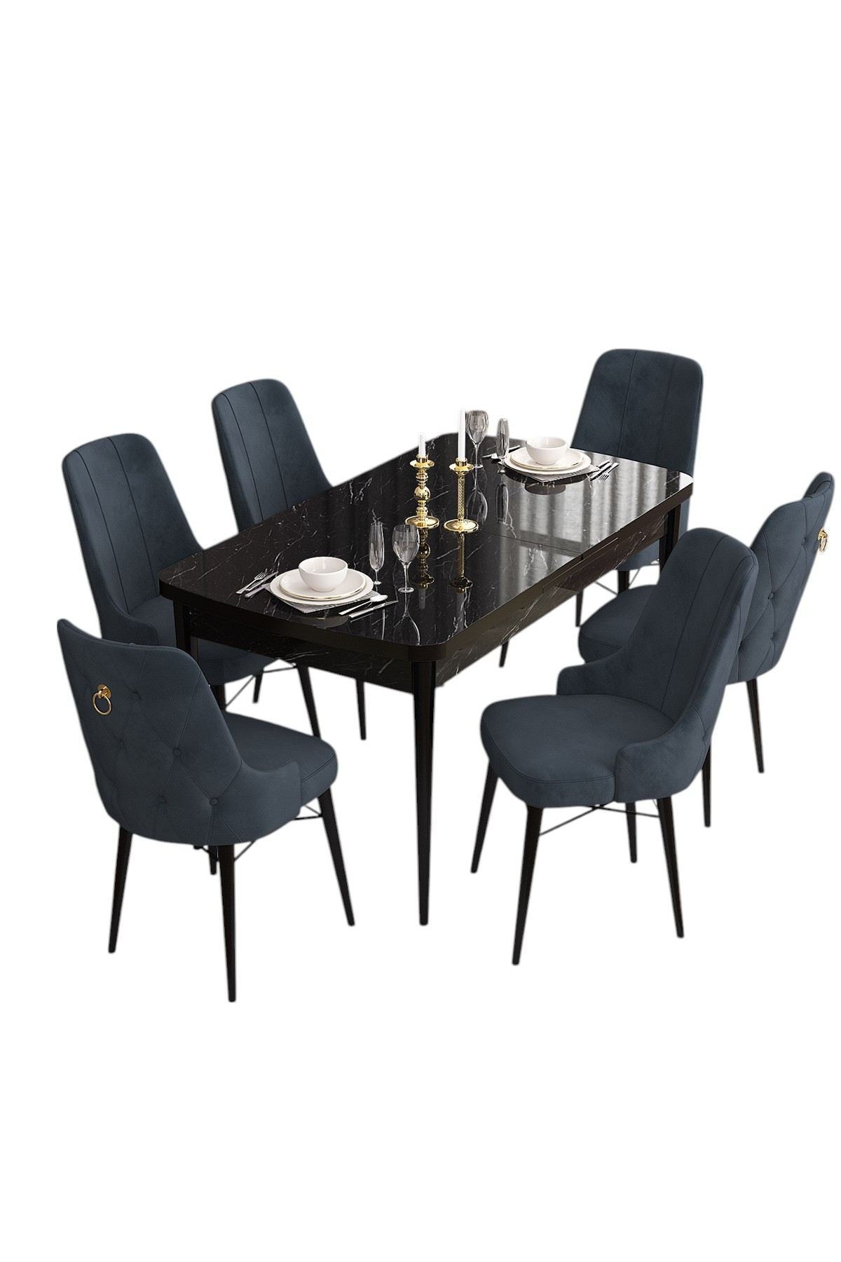 Conjunto de mesa de jantar extensível e cadeiras (7 peças)-Are-Mármore Preto
Antracite