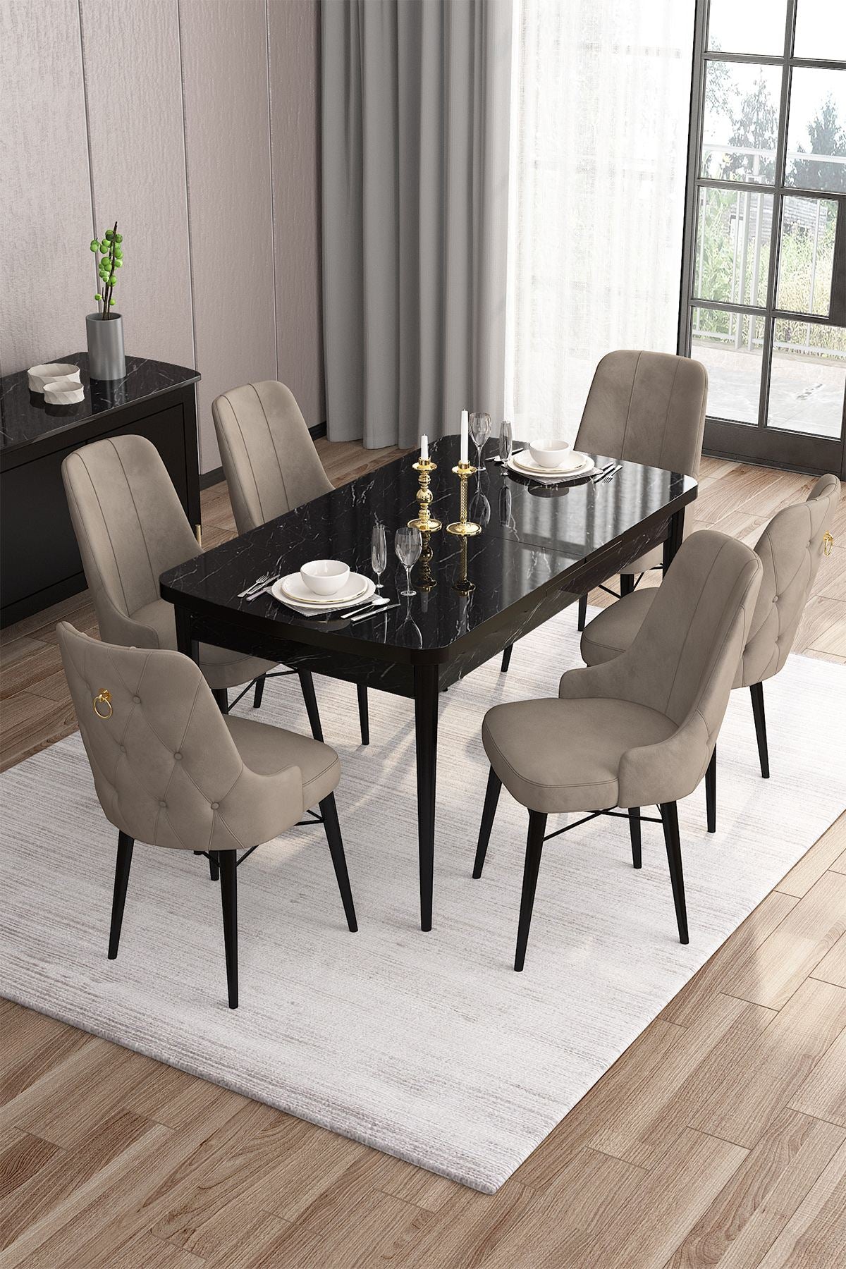 Conjunto de mesa de jantar extensível e cadeiras (7 peças)-Are-Mármore Preto
Cappuccino