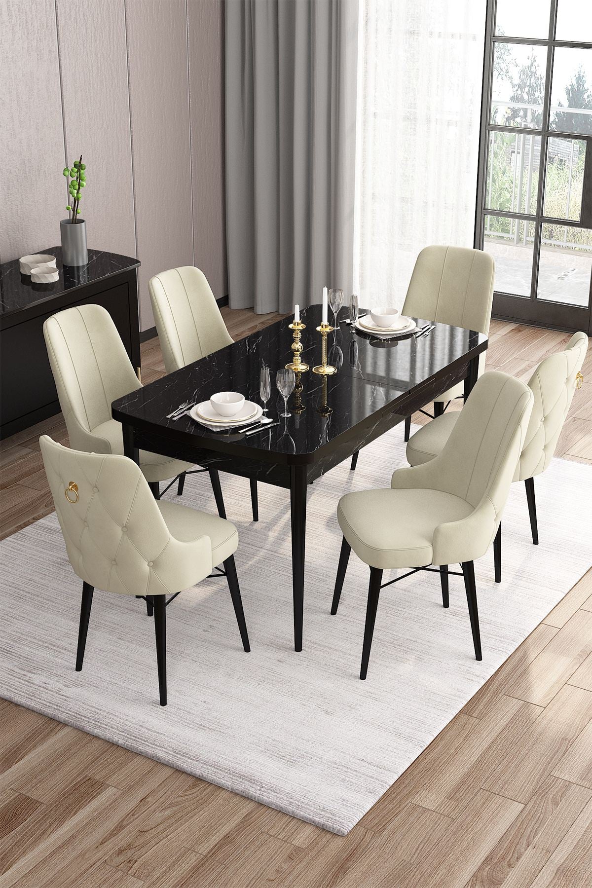 Conjunto de mesa de jantar extensível e cadeiras (7 peças)-Are-Mármore Preto
Creme
