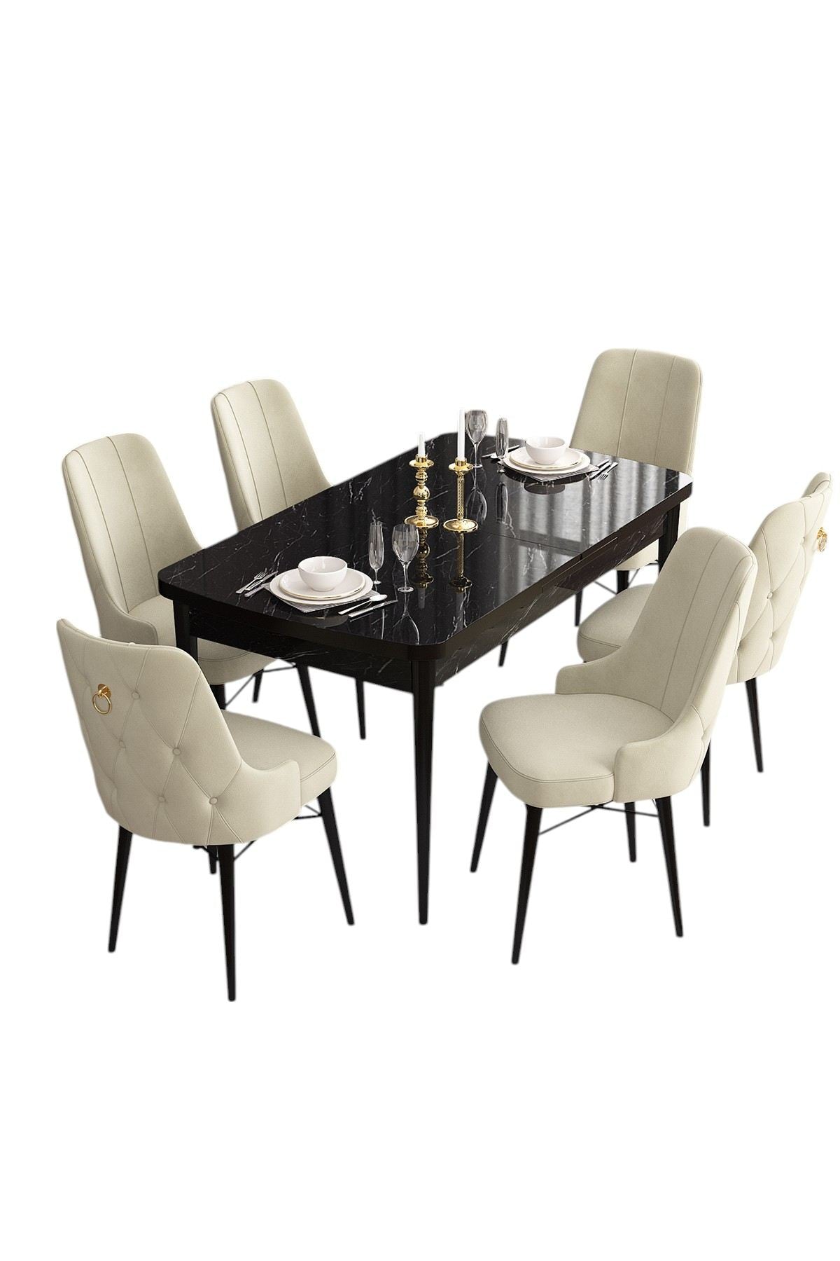 Conjunto de mesa de jantar extensível e cadeiras (7 peças)-Are-Mármore Preto
Creme