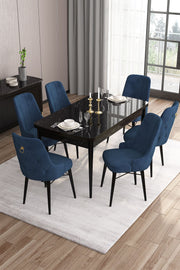 Conjunto de mesa de jantar extensível e cadeiras (7 peças) – 132 cm x 78 cm x 80 cm (estendido 170 cm) – Mármore Preto e Azul Marinho – MDF e Compensado