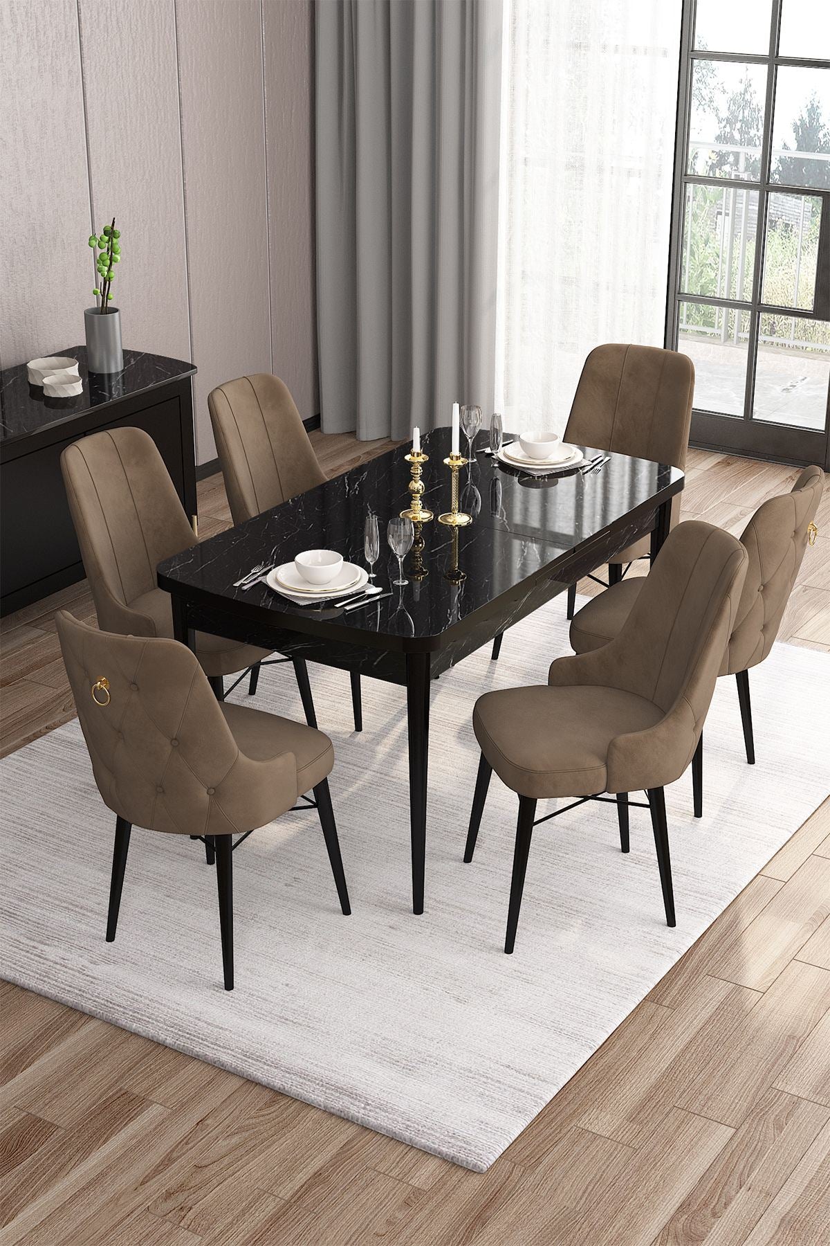 Conjunto de mesa de jantar extensível e cadeiras (7 peças)-Are-Mármore Preto
Marrom