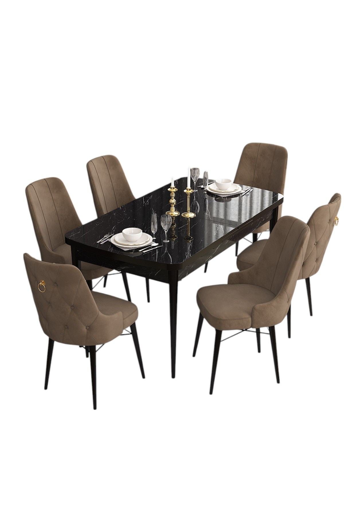 Conjunto de mesa de jantar extensível e cadeiras (7 peças)-Are-Mármore Preto
Marrom